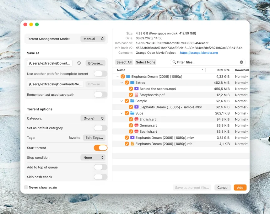 The Add Torrent window with the file tree and options