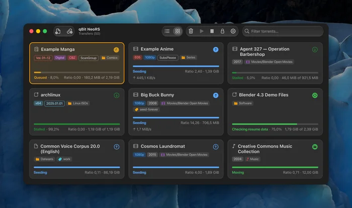 The cards view: titles, colored tags, progress and status