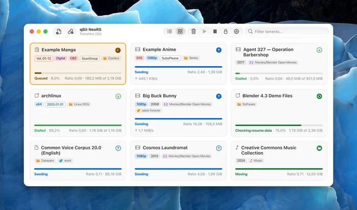The cards view: titles, colored tags, progress and status
