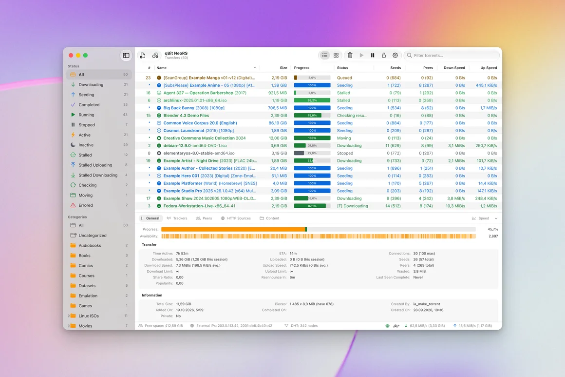 qBit NeoRS: the main window with the torrent list, filters and details