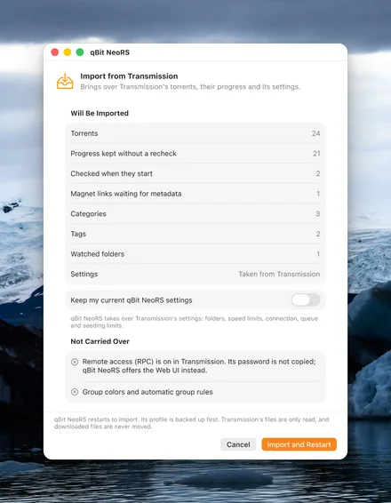 Importing from Transmission: what will be brought over