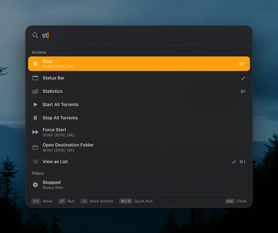 The command palette with matching actions