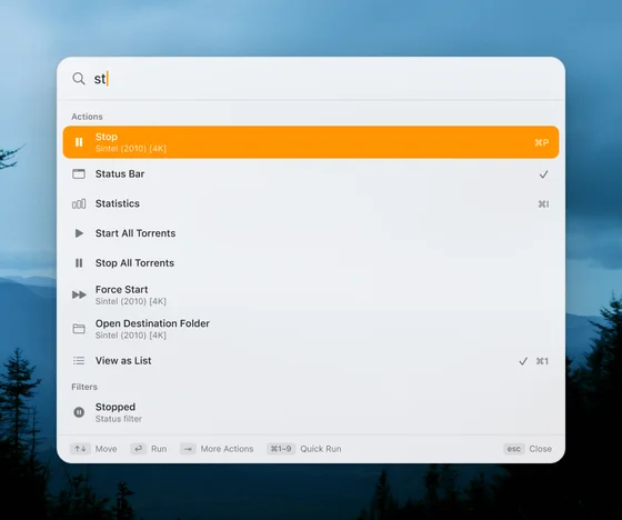 The command palette with matching actions