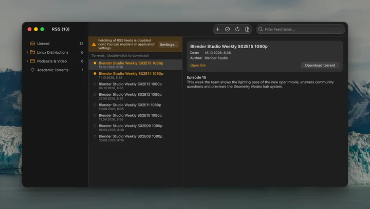 The RSS reader with feeds and articles