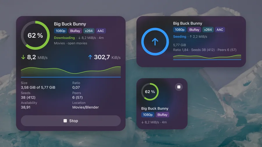 Torrent widgets in three sizes on the desktop